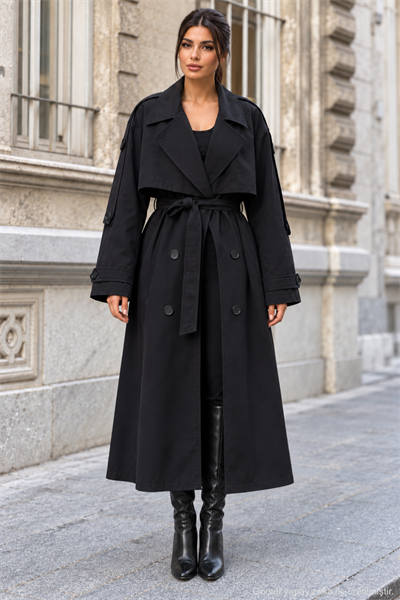 Kadın Oversize Kuşaklı Kol Şerit Detaylı Uzun Trençkot - Siyah