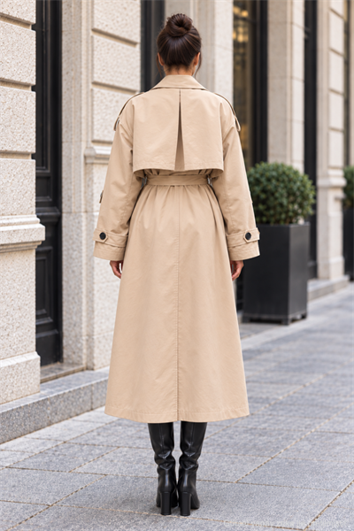 Kadın Oversize Kuşaklı Kol Şerit Detaylı Uzun Trençkot - Bej