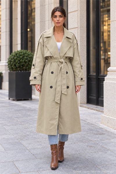 Kadın Oversize Kuşaklı Kol Şerit Detaylı Uzun Trençkot - Haki