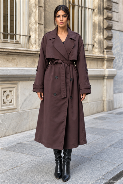 Kadın Oversize Kuşaklı Kol Şerit Detaylı Uzun Trençkot - Kahve