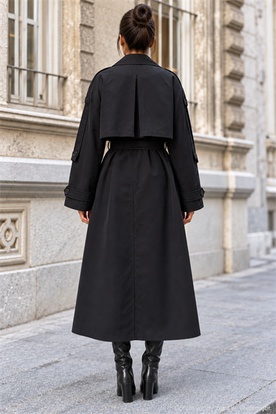 Kadın Oversize Kuşaklı Kol Şerit Detaylı Uzun Trençkot - Siyah