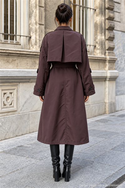 Kadın Oversize Kuşaklı Kol Şerit Detaylı Uzun Trençkot - Kahve