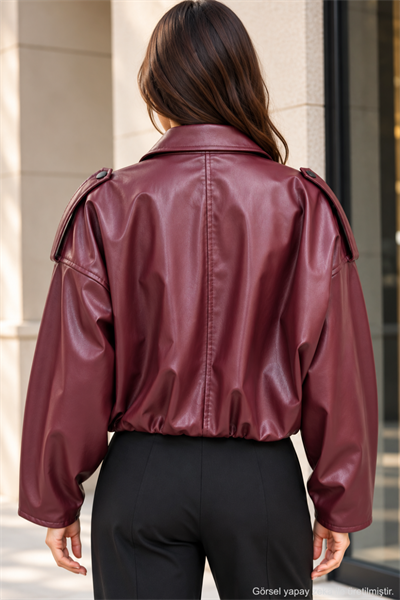 Kadın Oversize Suni Deri Fermuarlı Kısa Ceket - Bordo Bordo