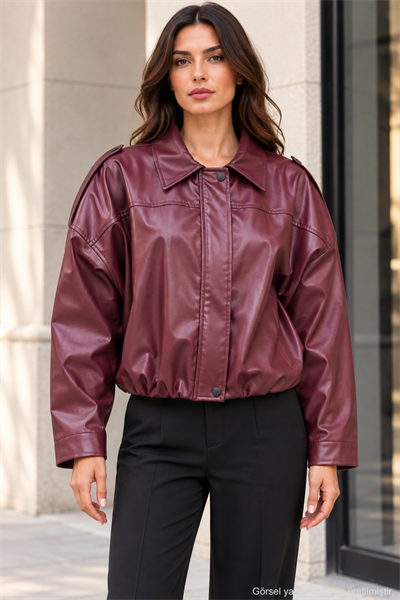 Kadın Oversize Suni Deri Fermuarlı Kısa Ceket - Bordo Bordo