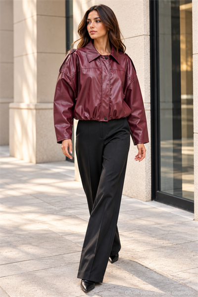 Kadın Oversize Suni Deri Fermuarlı Kısa Ceket - Bordo Bordo
