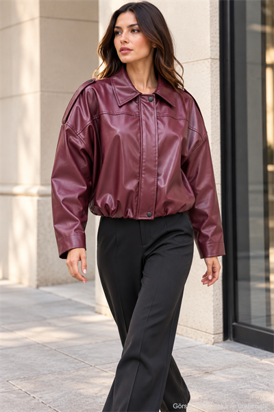 Kadın Oversize Suni Deri Fermuarlı Kısa Ceket - Bordo Bordo