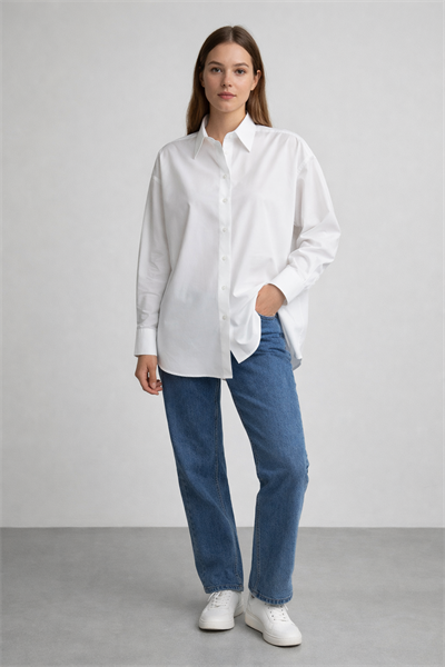 Kadın Oversize Uzun Kollu %100 Pamuk Basic Beyaz Gömlek