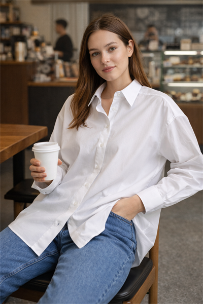 Kadın Oversize Uzun Kollu %100 Pamuk Basic Beyaz Gömlek