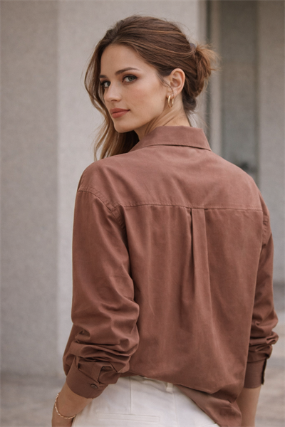 Kadın Oversize Uzun Kollu %100 Pamuk Dokuma Kahve Gömlek