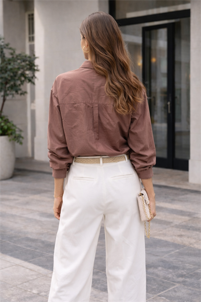 Kadın Oversize Uzun Kollu %100 Pamuklu Kahverengi Gömlek