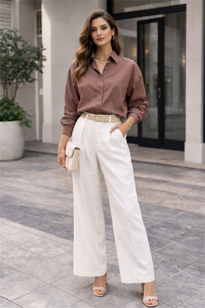 Kadın Oversize Uzun Kollu %100 Pamuklu Kahverengi Gömlek