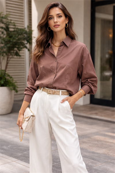 Kadın Oversize Uzun Kollu %100 Pamuklu Kahverengi Gömlek