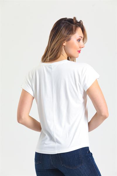 Kadın Pamuk Modal Bisiklet Yaka T-shırt Beyaz