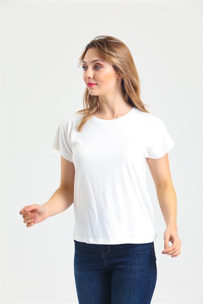 Kadın Pamuk Modal Bisiklet Yaka T-shırt Beyaz