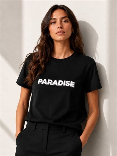Kadın Paradise Baskılı Bisiklet Yaka Siyah Tişört