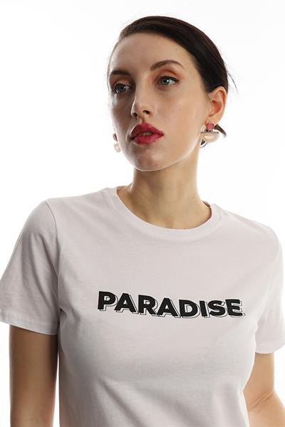 Kadın Bisiklet Yaka Paradise Baskılı Regular Fit Tişört Beyaz