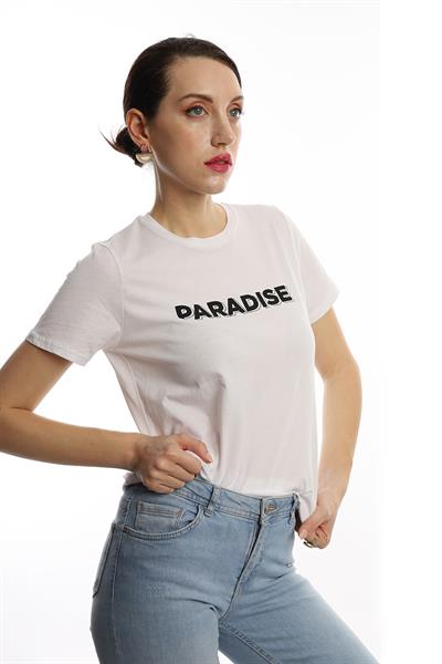 Kadın Bisiklet Yaka Paradise Baskılı Regular Fit Tişört Beyaz