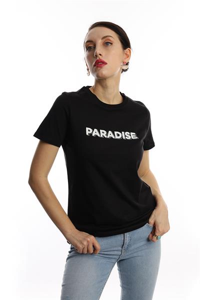 Kadın Bisiklet Yaka Paradise Baskılı Regular Fit Tişört Siyah