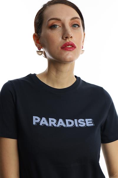 Kadın Bisiklet Yaka Paradise Baskılı Regular Fit Tişört Lacivert