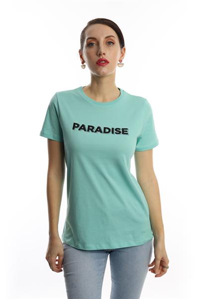 Kadın Bisiklet Yaka Paradise Baskılı Regular Fit Tişört Turkuaz