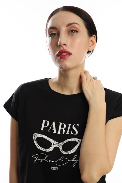 Kadın Paris Yazı Baskılı Crop Tişört Siyah