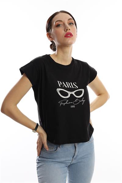 Kadın Paris Yazı Baskılı Crop Tişört Siyah