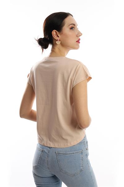 Kadın Pars Desen Baskılı Crop Tişört Bej