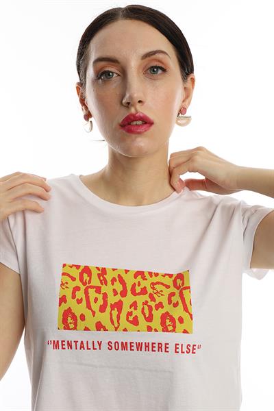 Kadın Pars Desen Baskılı Crop Tişört Beyaz