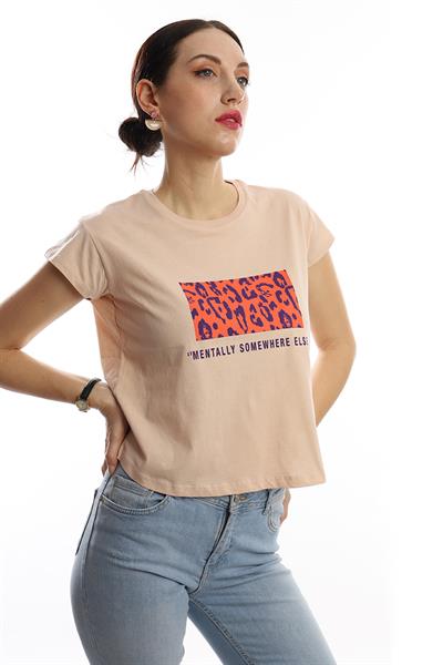 Kadın Pars Desen Baskılı Crop Tişört Bej