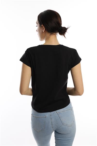 Kadın Pars Desen Baskılı Crop Tişört Siyah