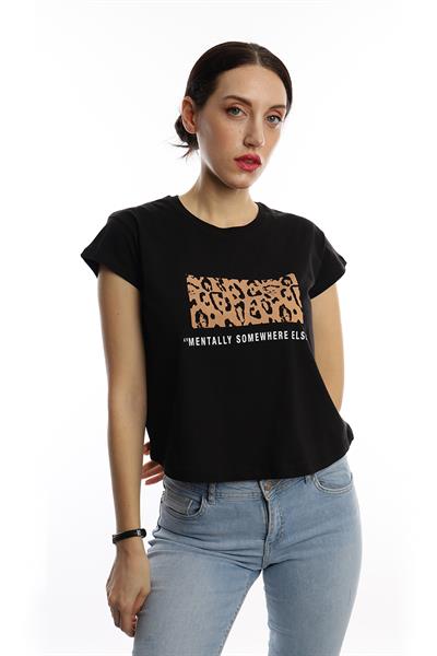 Kadın Pars Desen Baskılı Crop Tişört Siyah