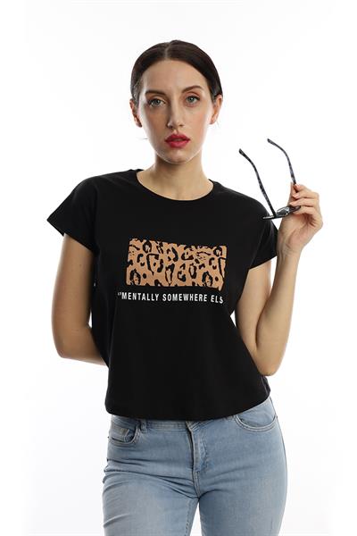 Kadın Pars Desen Baskılı Crop Tişört Siyah