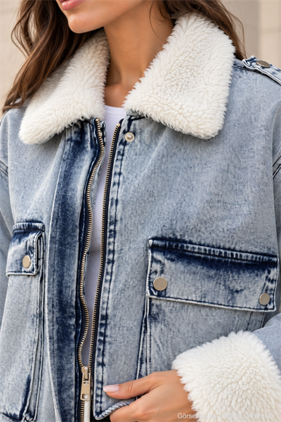 Kadın Peluş Detaylı Cepli Yıkamalı Jean Ceket Mavi