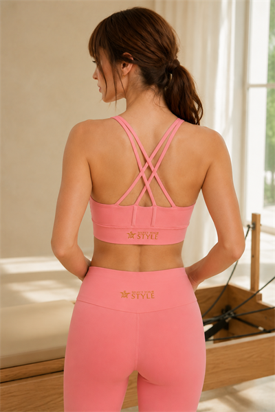 Kadın Pembe Çapraz Askılı Pedli Sporcu Sütyen Yoga Pilates Büstiyer