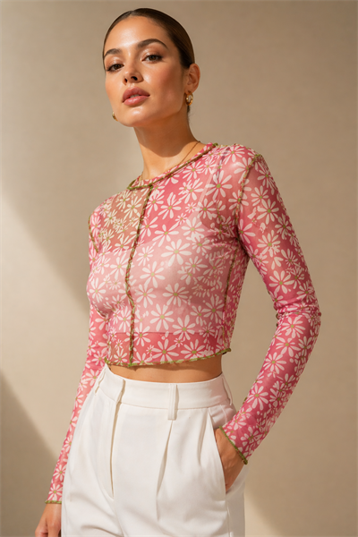 Kadın Pembe Çiçek Desenli Transparan Tül Bluz Kontrast Dikiş Detaylı Crop Fit