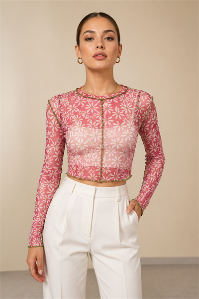 Kadın Pembe Çiçek Desenli Transparan Tül Bluz Kontrast Dikiş Detaylı Crop Fit