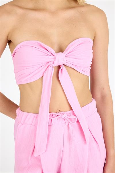 Kadın Pembe Keten Yazlık İkili Takım – Büstiyer & Pantolon