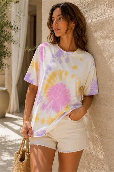 Kadın Pembe Lila Sarı Batik Desenli Oversize T-Shirt