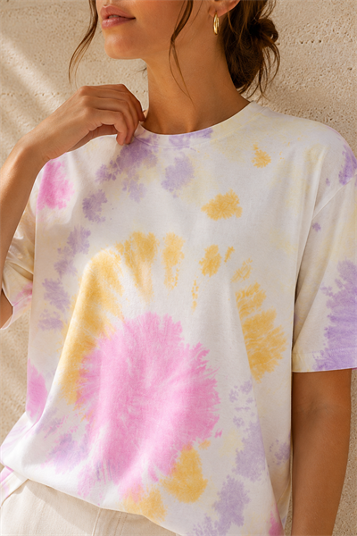 Kadın Pembe Lila Sarı Batik Desenli Oversize T-Shirt