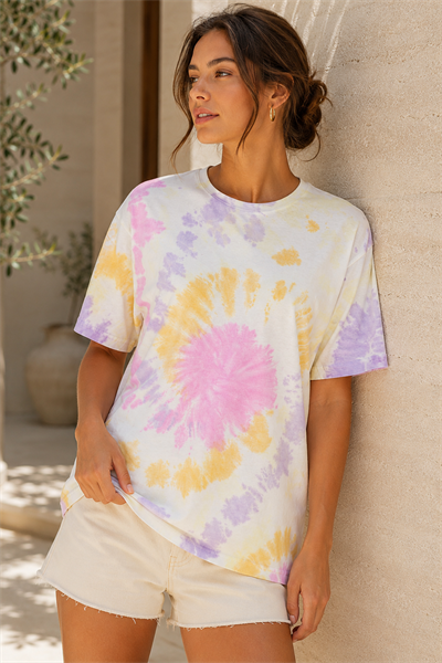 Kadın Pembe Lila Sarı Batik Desenli Oversize T-Shirt