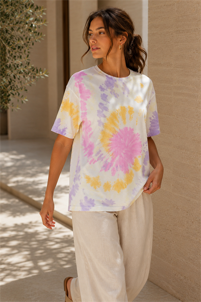 Kadın Pembe Lila Sarı Batik Desenli Oversize T-Shirt