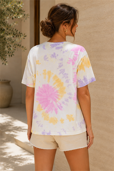Kadın Pembe Lila Sarı Batik Desenli Oversize T-Shirt