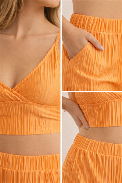 Kadın Piliseli İnce Askılı Crop Turuncu Atlet Yazlık Üst