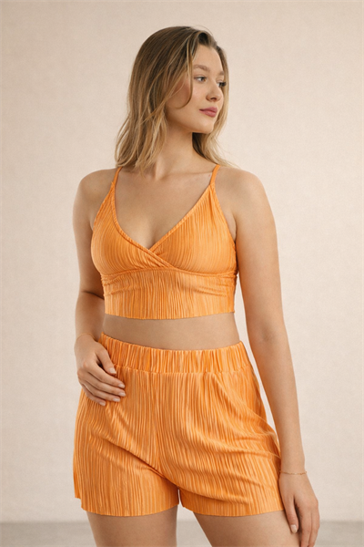 Kadın Piliseli İnce Askılı Crop Turuncu Atlet Yazlık Üst