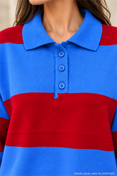 Kadın Polo Yaka Çizgili Oversize Triko Kazak - Mavi Mavi