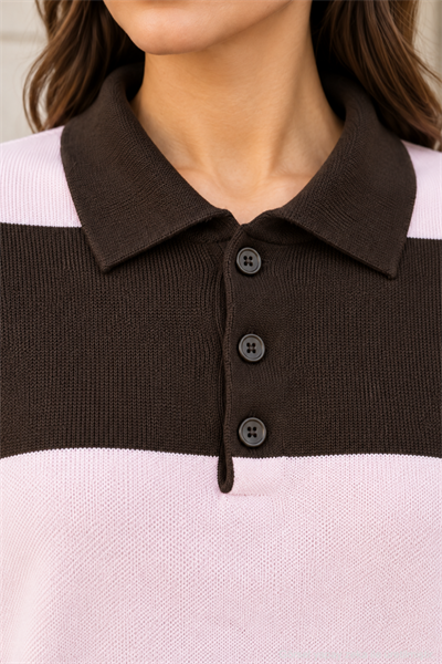 Kadın Polo Yaka Çizgili Oversize Triko Kazak - Pembe Pembe