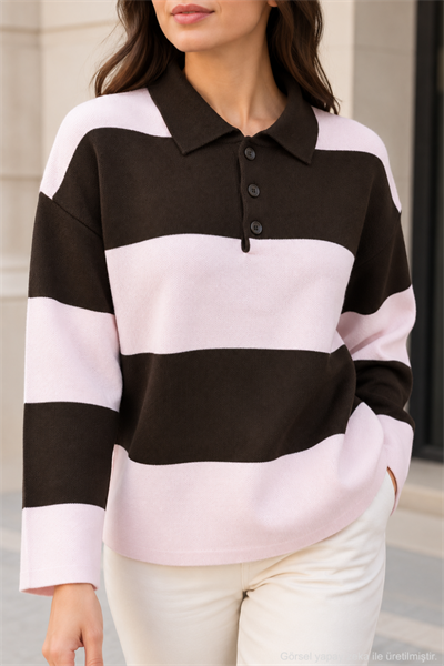 Kadın Polo Yaka Çizgili Oversize Triko Kazak - Pembe Pembe