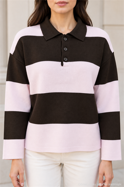 Kadın Polo Yaka Çizgili Oversize Triko Kazak - Pembe Pembe