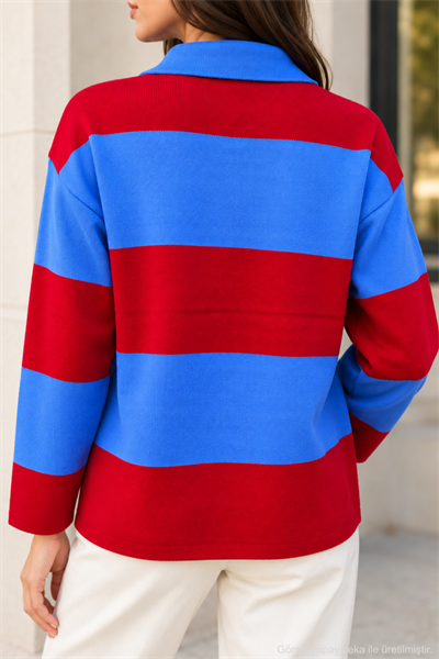 Kadın Polo Yaka Çizgili Oversize Triko Kazak - Mavi Mavi