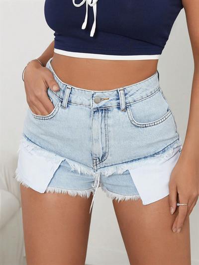 Kadın Püskül Detaylı Denim Şort Mavi